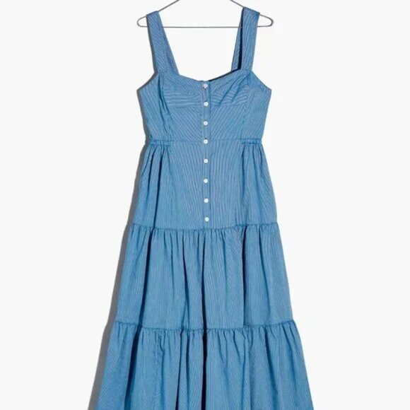 Madewell Petite Button-Front Tiered Midi Dress in Stripe - Size 4 - Picture 5 of 9
